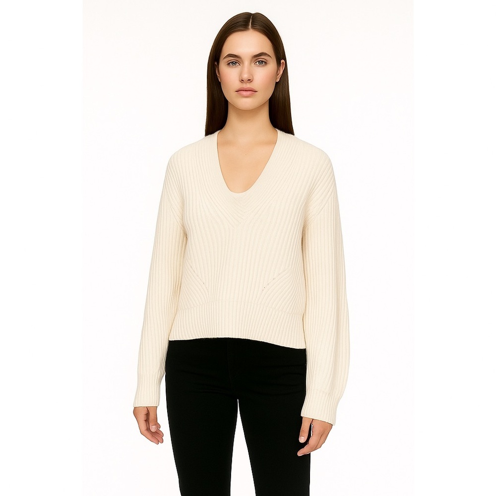 VGUC Brochu Walker Cashmere Wool Blend  Woven Striped Off White V Neck Sweater M